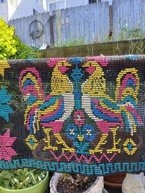 Vintage 1940s Textiles Roosters Hand Made Woven Fringed